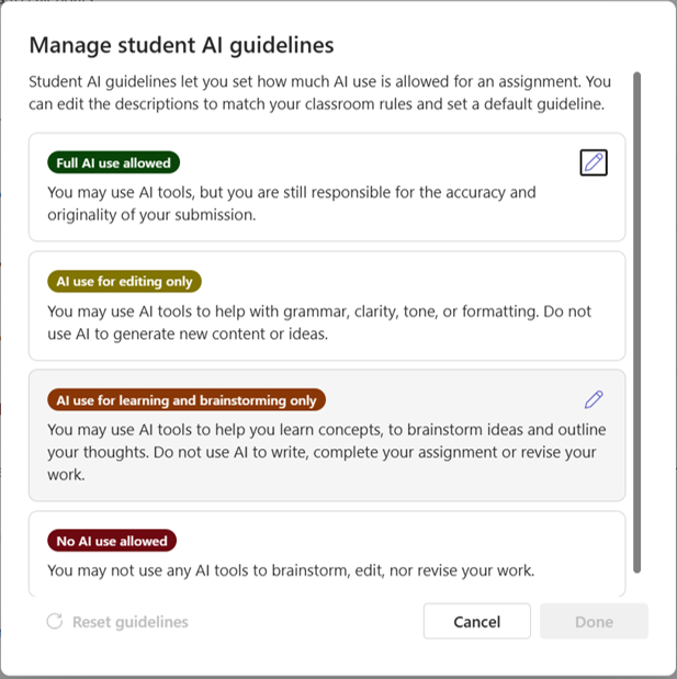 Screenshot of AI Assistance class setting with Study and Learn and Copilot options.