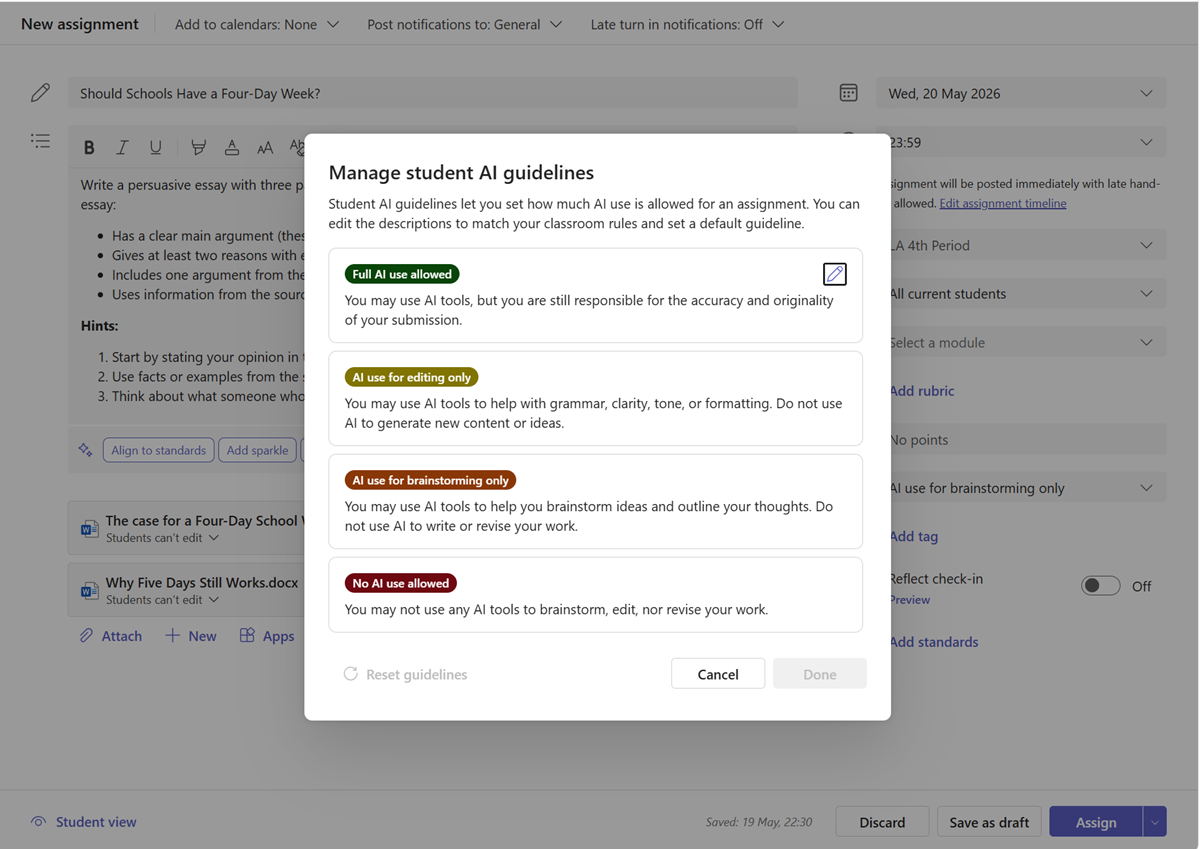 Screenshot of Student AI Guidelines and AI Assistance options on a new assignment in Microsoft Teams.