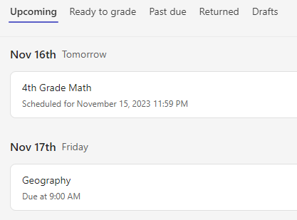 Upcoming assignments list showing a scheduled assignment