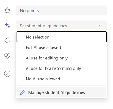 Screenshot of the Manage Student AI Guidelines options showing four customizable guideline levels.