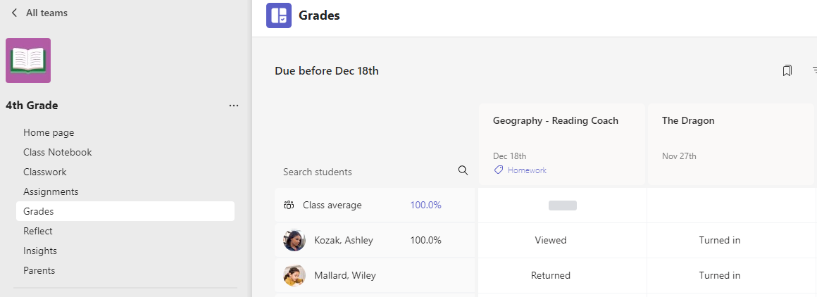 Grades tab showing students and assignment statuses