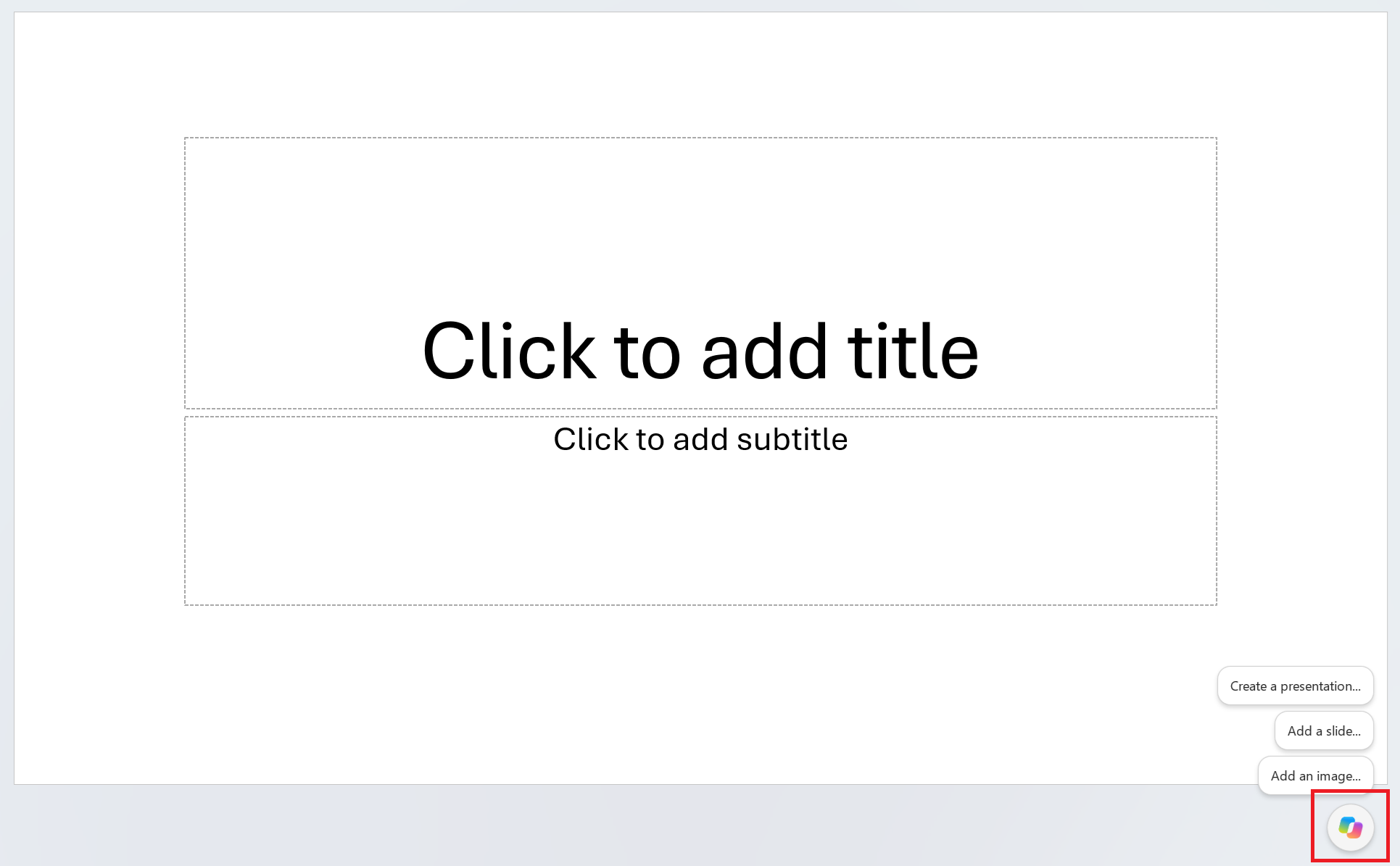 Screenshot that shows the Copilot icon outlined in red at the bottom-right corner of the PowerPoint screen.