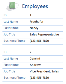 Employees report in a stacked layout