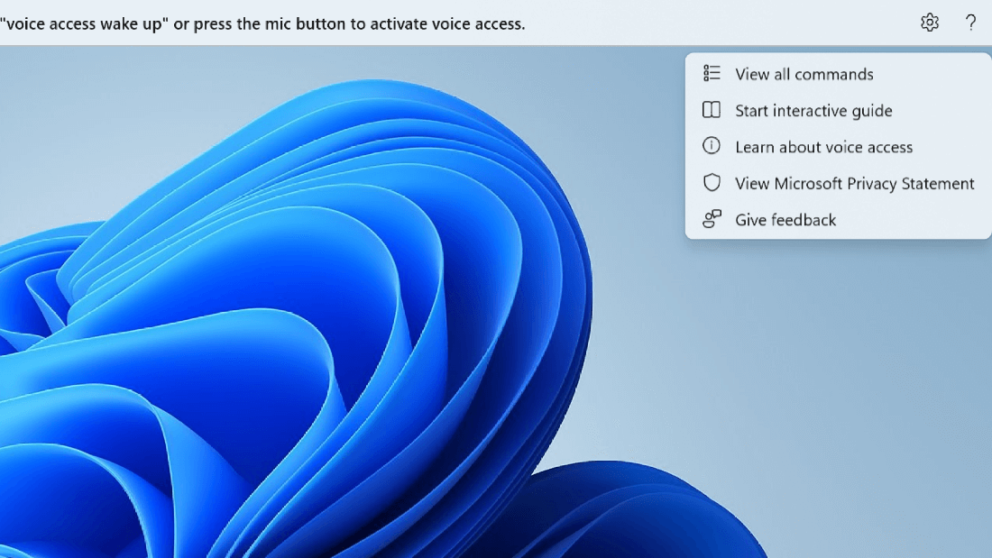 The help button on the far right side of the voice access UI is expanded to show the various options.