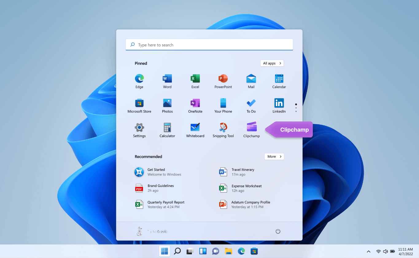 Shows the Clipchamp icon in Windows 11.