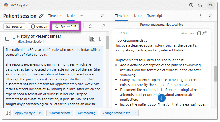 Current note in the Note tab highlighting the Sync to EHR button.