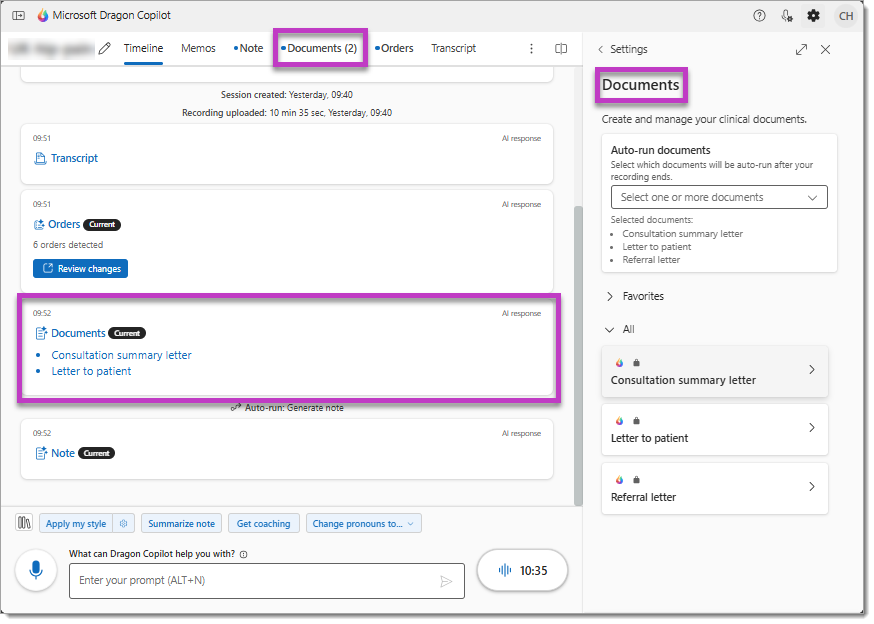 The Documents tab, Documents notification card, and Documents settings in Dragon Copilot.