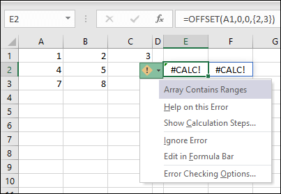 Screenshot that shows #CALC! error - Array Contains Ranges.
