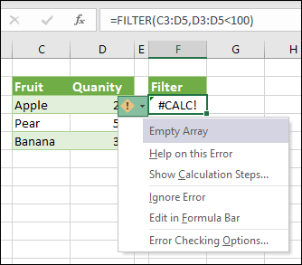 Screenshot that shows #CALC! error - Empty Array.