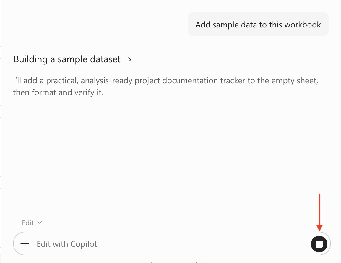 Screenshot of the Copilot in Excel chat field with the Stop button highlighted.
