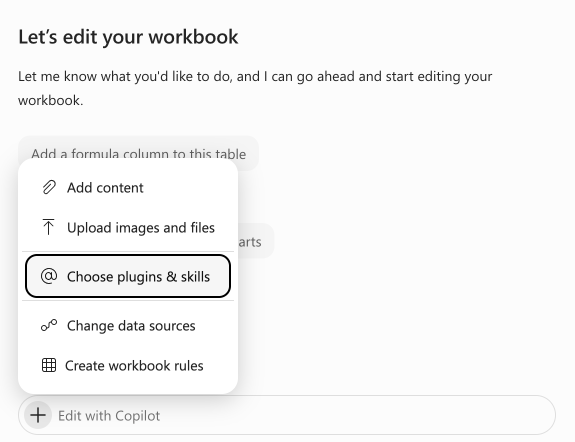 Screenshot of the Copilot in Excel 'Add' menu, with 'Choose plugins and skills' highlighted.