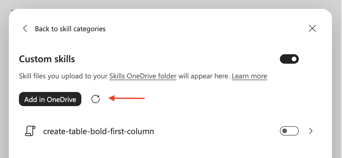 Screenshot of the Copilot in Excel Custom skills dialog with the the Refresh button highlighted.