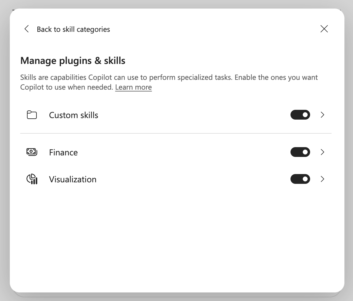 Screenshot of the Copilot in Excel Manage plugins & skills dialog.