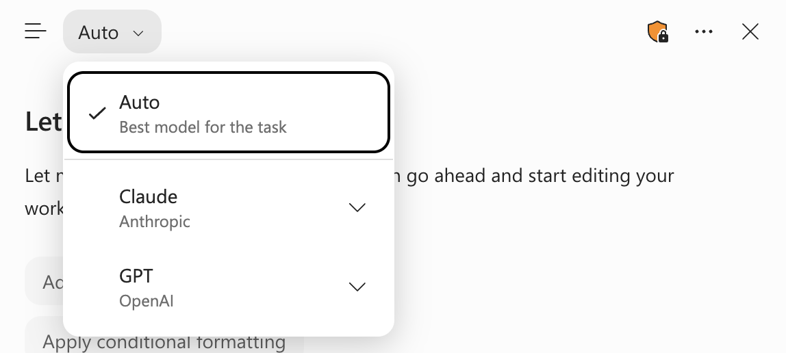 Screenshot of the Copilot in Excel model picker menu, with Auto selected.