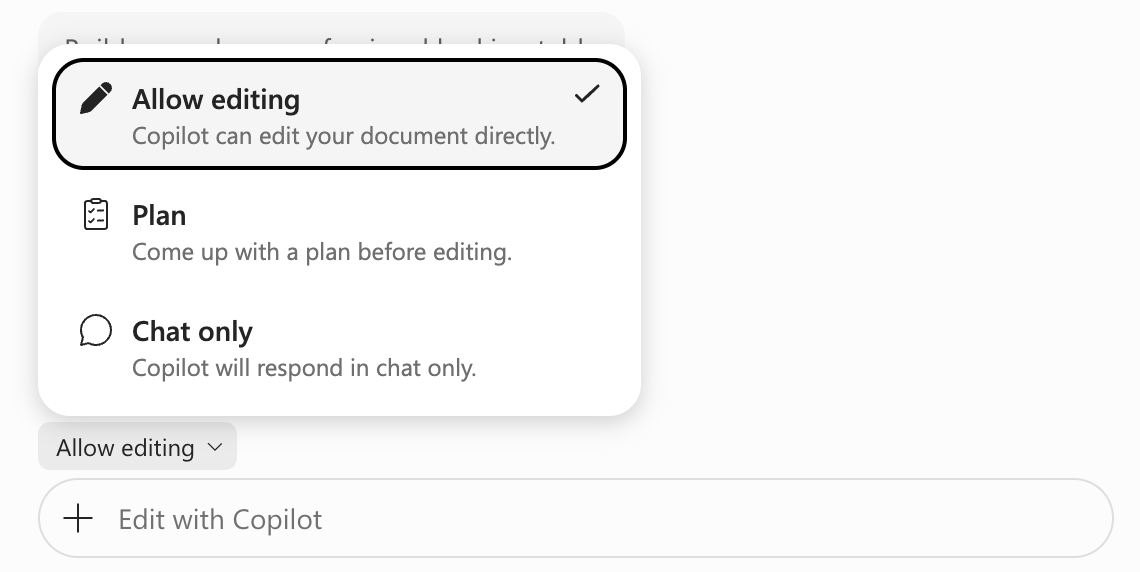 Screenshot of the Copilot in Excel mode options menu.