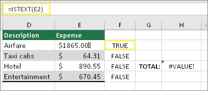 Cell F2 with =ISTEXT(E2) and result of TRUE