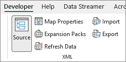 Screenshot that shows the Developer tab XML group. 