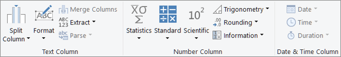 Screenshot that shows the data type groups on the Add Column ribbon tab.