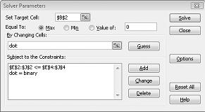 Solver Parameters set to maximize total NPV with binary project selections and resource constraints