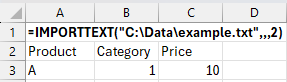IMPORTTEXT result with one imported data row