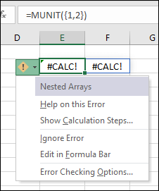 Screenshot that shows nested array #CALC! error.