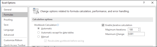 Screen shot of the Iterative Calculation settings