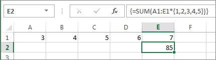 Screenshot that shows an array constant nested in a SUM formula.