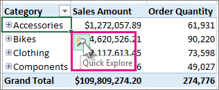 PivotTable with the Quick Explore button selected