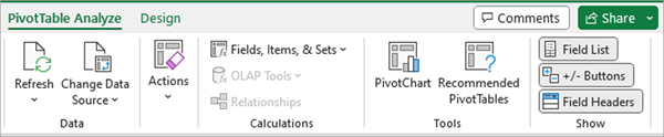 PivotTable Analyze tab with the Field List button in Excel for Windows