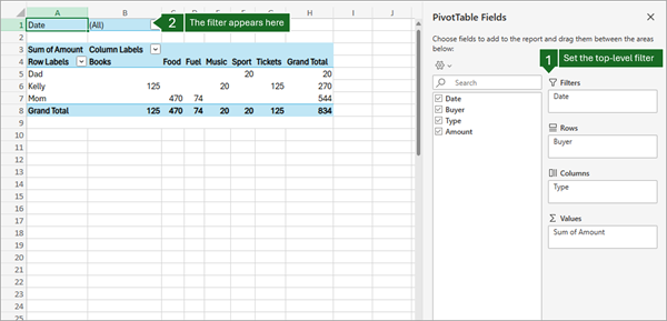 Excel for the web PivotTable with Date in the Filters area