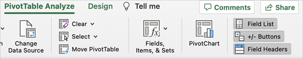 PivotTable Analyze tab with the Field List button in Excel for Mac
