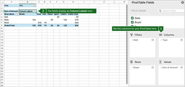 Excel for Mac PivotTable with Type in the Columns area