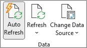 Data group within the PivotTable Analyze tab of the Ribbon. The Data group contains Auto Refresh, Refresh, and Change Data Source buttons.