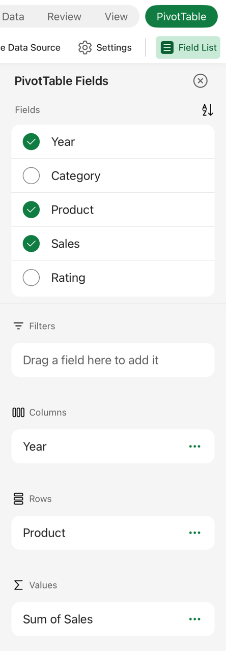 PivotTable field list on iPad.