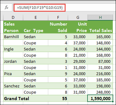 Single-cell array formula to calculate a grand total with =SUM(F10:F19*G10:G19)