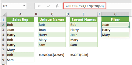 Spilled range operator (#) to reference an entire spilled array range with =FILTER(C2#,LEN(C2#)>3)