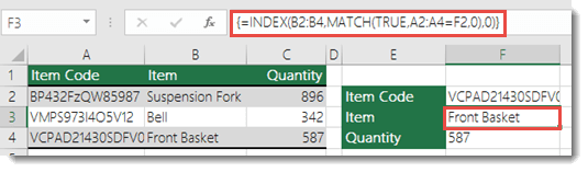 Screenshot that shows if you're using INDEX/MATCH when you have a lookup value greater than 255 characters it needs to be entered as an Array formula. The formula in cell F3 is =INDEX(B2:B4,MATCH(TRUE,A2:A4=F2,0),0), and is entered by pressing Ctrl+Shift+Enter