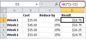 Excel formula for decreasing weekly costs by 25%