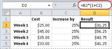 Excel formula for increasing weekly costs by 25%