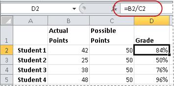 Excel formula calculating test score percentages