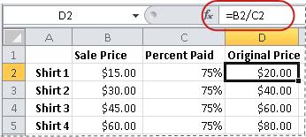 Excel formula calculating an original price from a sale price