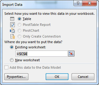 Import Data dialog box in Excel