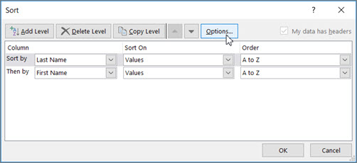 Click Sort to open the Sort dialog box