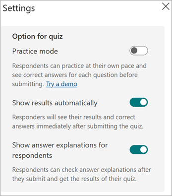 Toggles for Practice Mode, show results automatically and show answer explanations for respondents display for quizzes only.