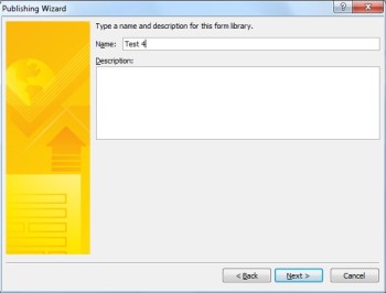 Publishing Wizard fields for a new form library name and description