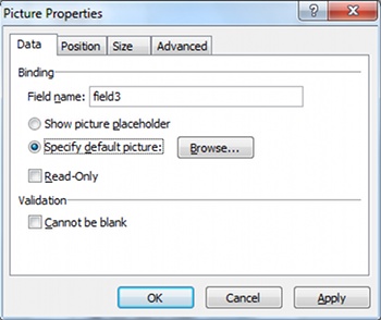 Picture Properties dialog with Specify default picture selected