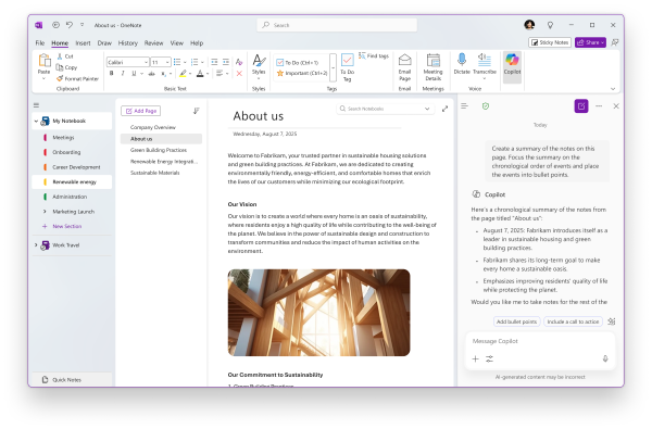 Screenshot of OneNote page showing the Copilot Chat pane
