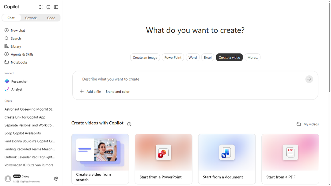 Screenshot of the Create module in the Microsoft Copilot app showing the Create a video flow.