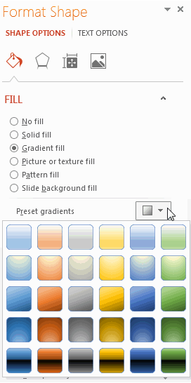Format Shape pane with preset gradients