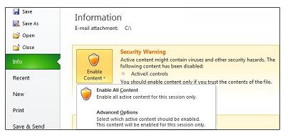 Office Security Warning message bar with Enable Content options